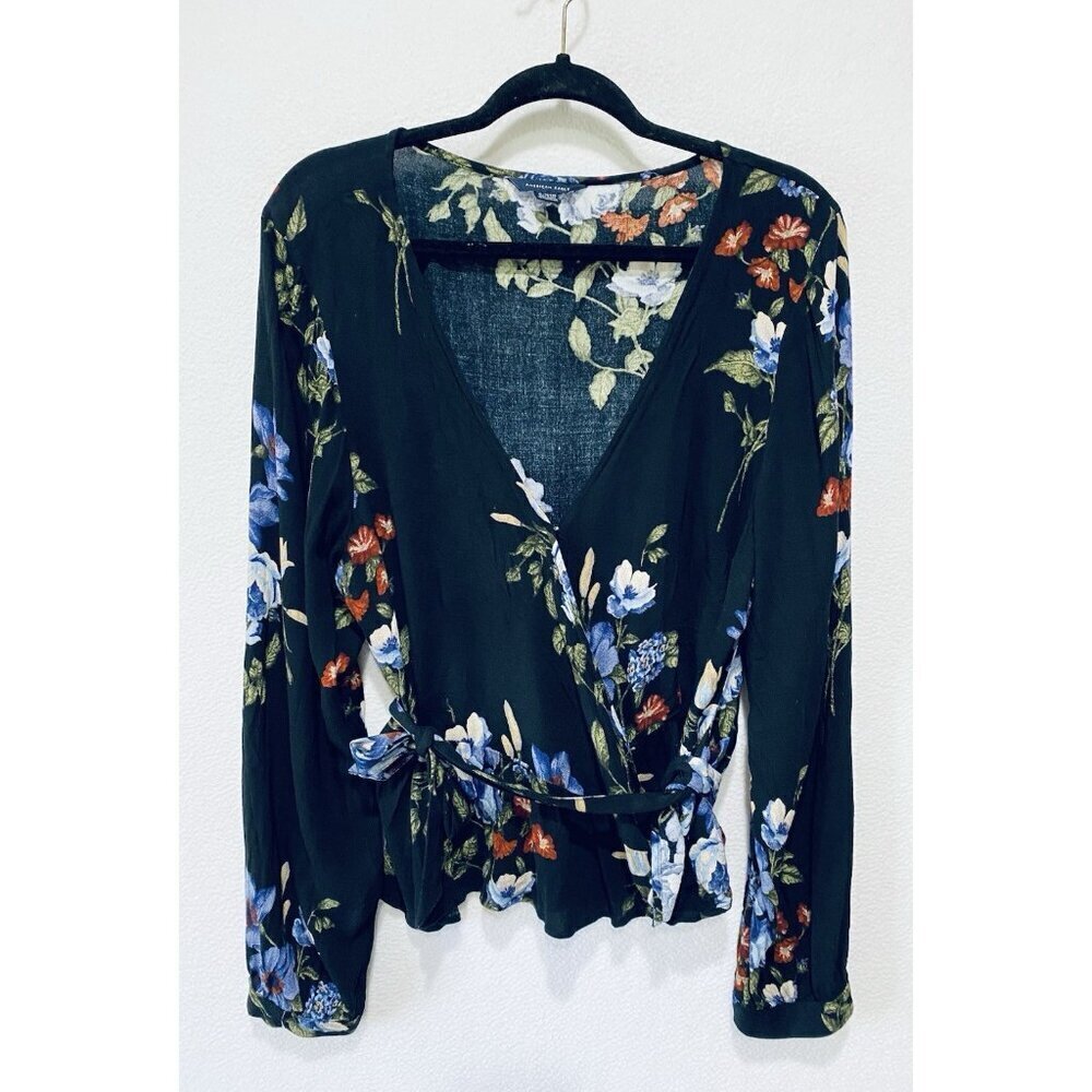 American Eagle Top Womens XL Navy Blue Floral V Neck Ruffle Wrap Tie Boho Flirty